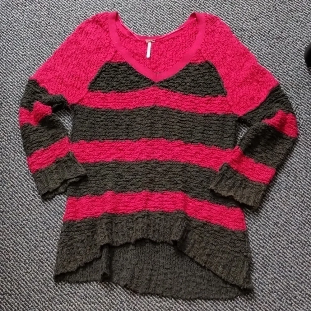 Free People Songbird red brown stripe loose weave long sleeve Sz XS